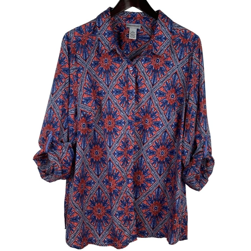 Catherines Medallion Print Button Up Shirt Size 1X Adjustable Sleeve